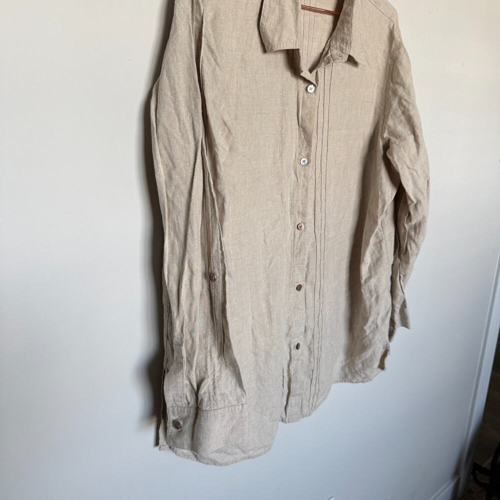Kate Hill 100% Linen Blouse XL Beige Button Roll Tab Sleeves Old Money Coastal - Picture 3 of 7